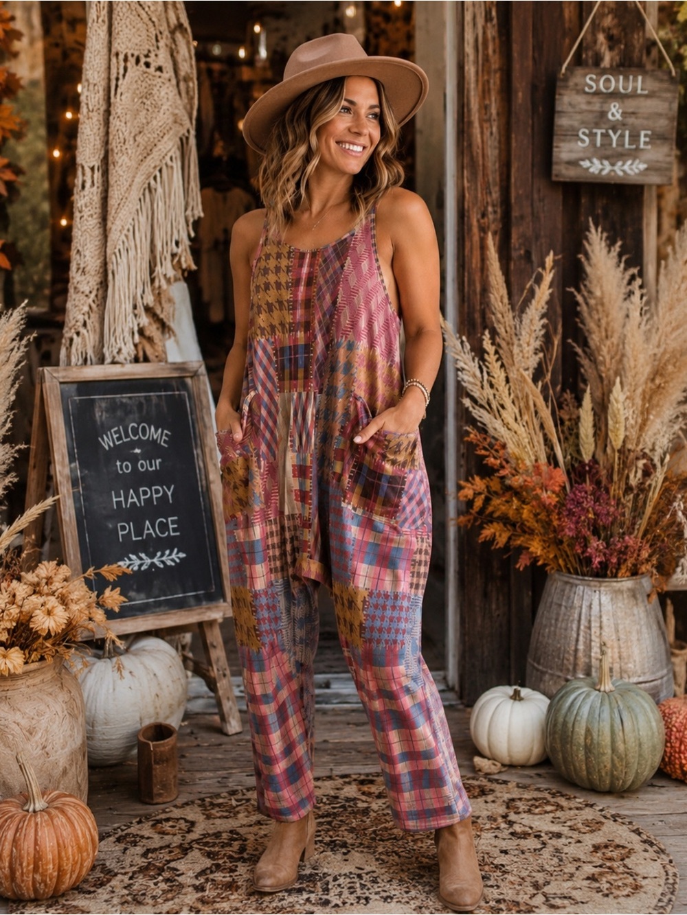 Double Take Boho Patchwork Jumpsuit NWT Pockets Boutique